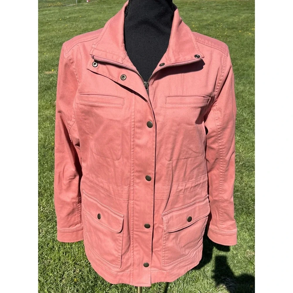 L.L.Bean Jacket Womens Petite Medium Pink‎ Cotton Twill Full Zip Utility Pockets